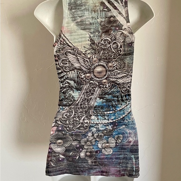 VINTAGE Y2K Sublimation PEARLS and RHINESTONES Tank TOP S/M - Picture 5 of 11